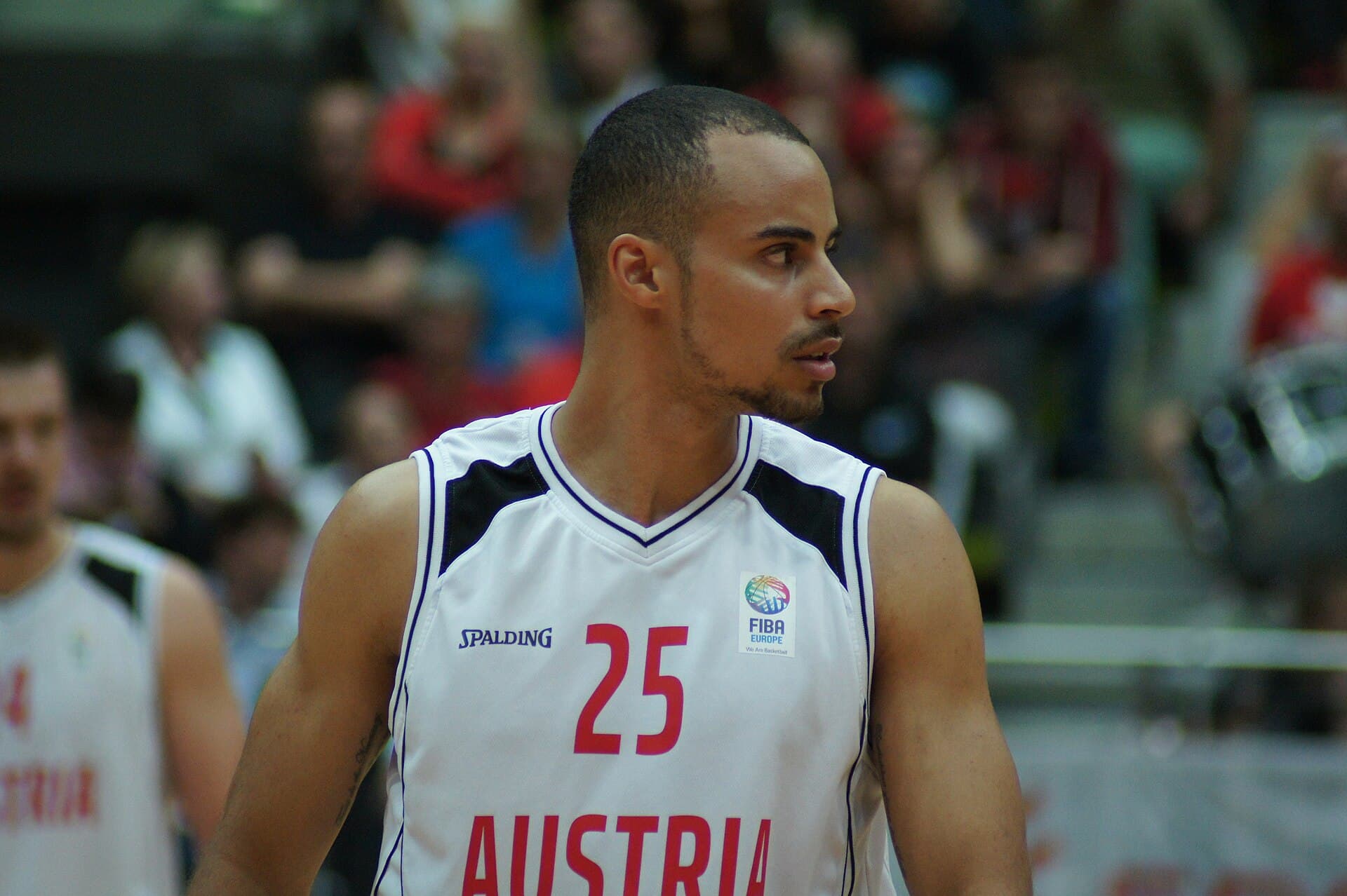 Jesse Seilern, number 25, playing for Austria in a 2014 EuroBasket qualifier against Germany